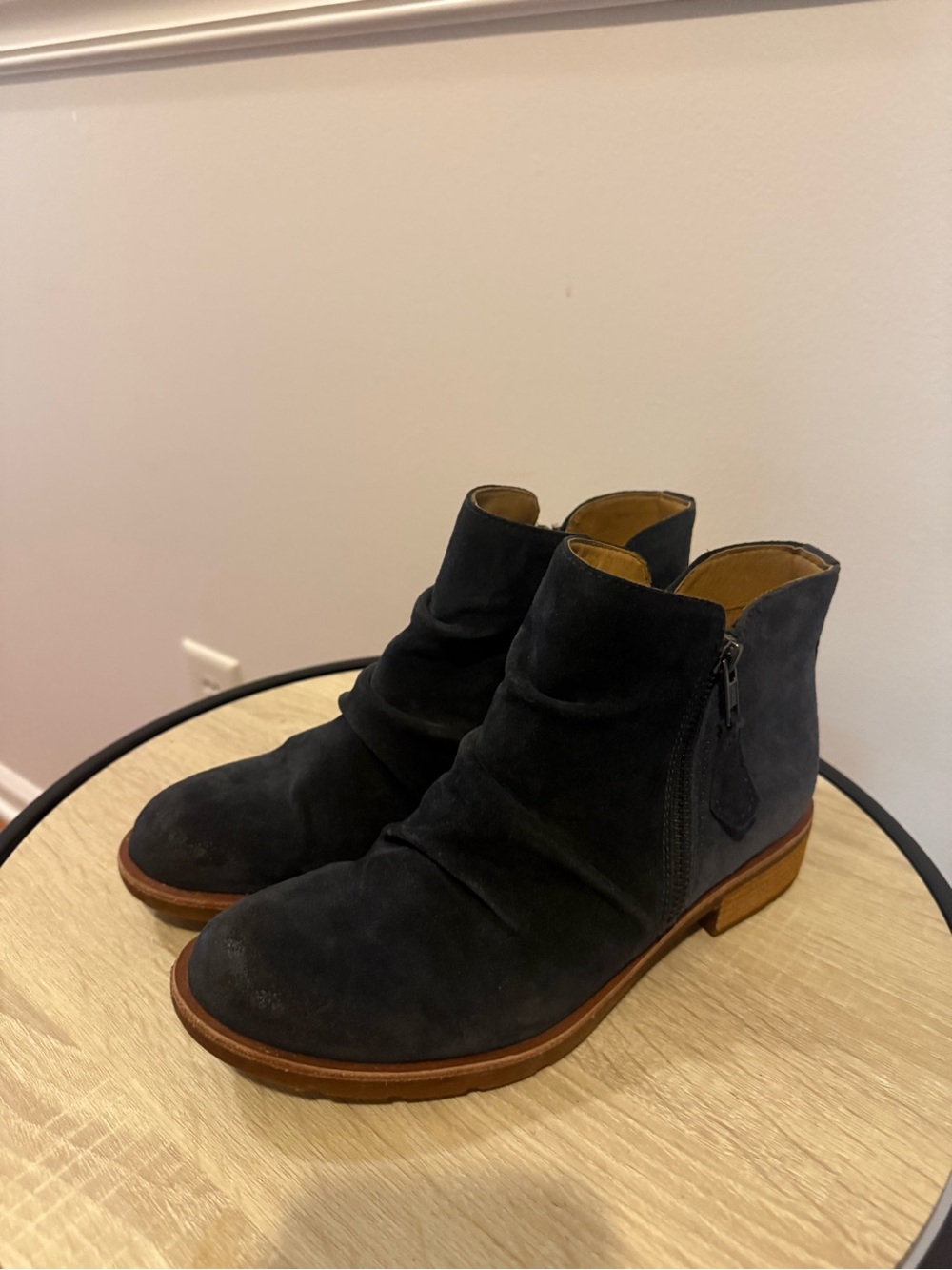 Sofft Black Suede Ankle Booties with Brown Sole